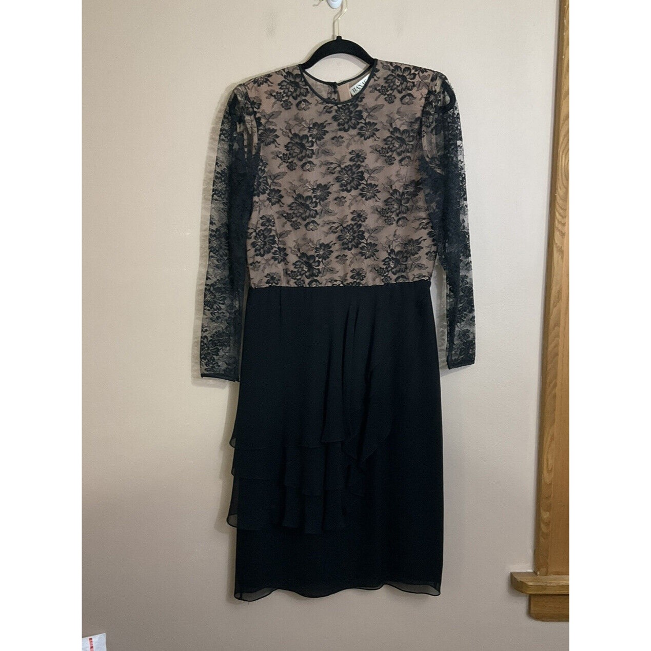 Vtg Hanae Mori Womens 100% Silk Dress Size 8 Black Lace Formal Evening Party